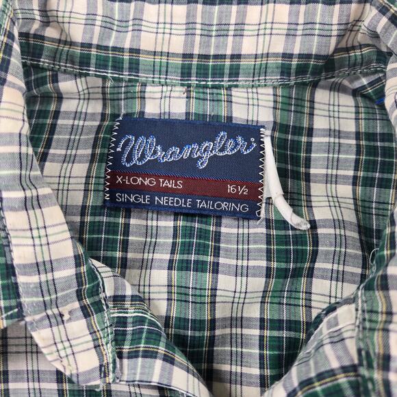 Vintage Wrangler Western Green‎ Plaid Pearl Snap Button Up Shirt Men's Size XL - Picture 3 of 7